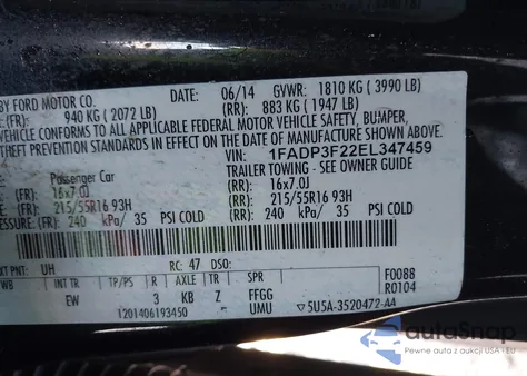 2014 Ford Focus Se z USA, uszkodzony, nr VIN 1FADP3F22EL347459
